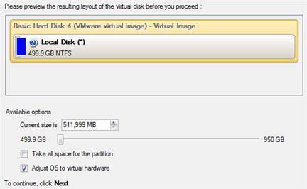 Size of the virtual disk. Domyślnie program oferuje utworzenie dysku wirtualnego o takim samym rozmiarze jak wybrany obiekt, można go jednak rozbudować.