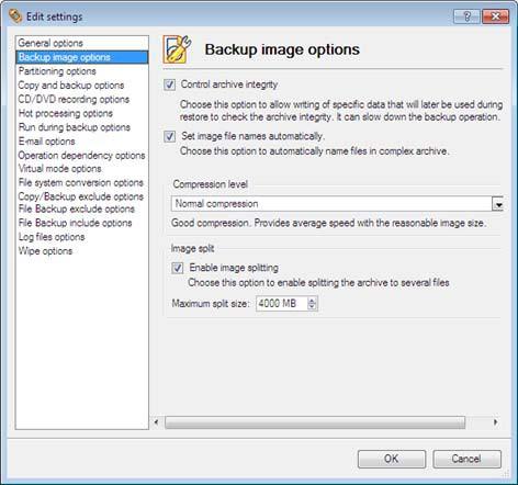 Backup Image Options Sekcja ta zawiera zestaw opcji, dotyczących operacji przywracania/tworzenia kopii zapasowych: Control archive integrity.