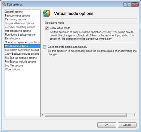 Użytkownik nie zostanie powiadomiony czy operacja wymaga ponownego uruchomienia systemu. Virtual Mode Options W tej sekcji można skonfigurować tryb wirtualny. Allow virtual mode.
