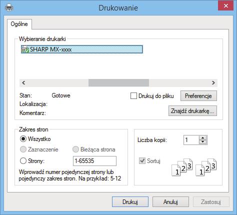 Informacje o dostępnych sterownikach drukarki i wymogi dotyczące ich wykorzystania znajdują się wpodręczniku użytkownika. W programie WordPad z menu [Plik] wybierz polecenie [Drukuj].