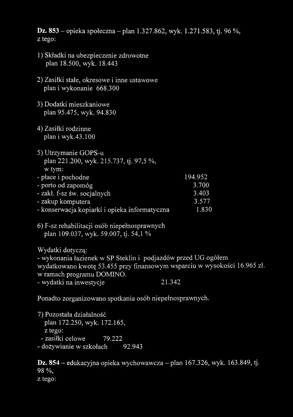700 - zakł. f-sz św. socjalnych 3.403 - zakup komputera 3.577 - konserwacja kopiarki i opieka informatyczna 1.830 6) F-sz rehabilitacji osób niepełnosprawnych plan 109.037, wyk. 59.007, tj.