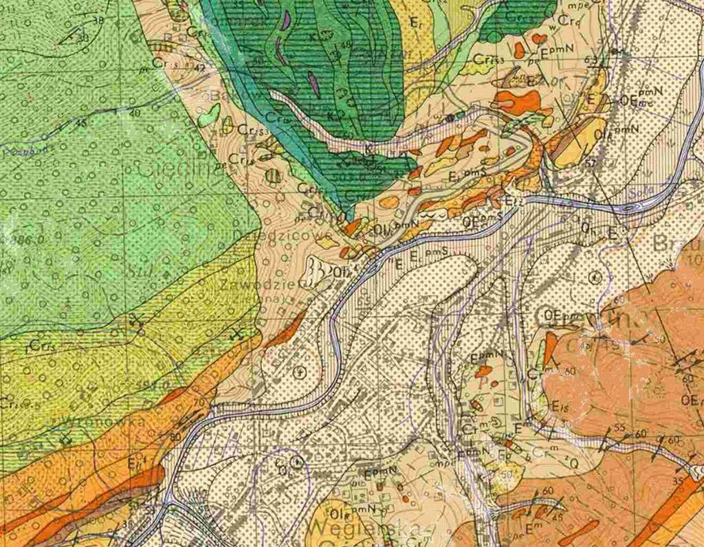 - teren prac geotechnicznych Rys. 2. Lokalizacja terenu badań geotechnicznych na tle mapy geologicznej. (Szczegółowa Mapa Geologiczna Polski 1:50 000, arkusz 1029 - Milówka, Burtan J., Sokołowski St.