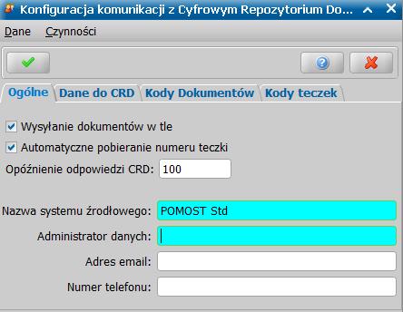 Konfiguracja połączenia z CRD Aby możliwe było zasilenie aplikacji Cyfrowe Repozytorium Dokumentów danymi z systemu POMOST Std należy poprawnie skonfigurować połączenie systemu z aplikacją CRD.