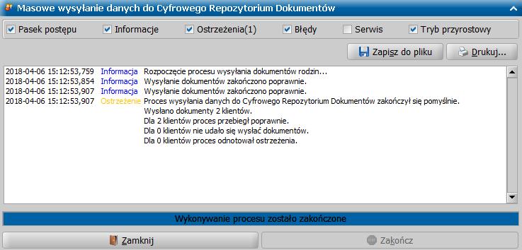 Użytkownik w ten sposób może oszacować ilość dokumentów gotowych do wysłania do CRD. Zaznaczenie opcji tylko policz ilość dokumentów i rodzin oznacza, że dane nie zostaną przesłane do CRD.