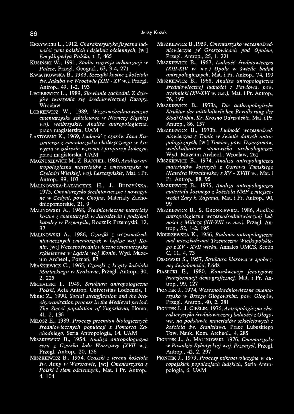 86 Jerzy Kozak Kr z y w ic k i L., 1912, Charakterystyka fizyczna ludności ziem polskich i dzielnic ościennych, [w:] Encyklopedya Polska, t. I, 465 KUSIŃSKI W.