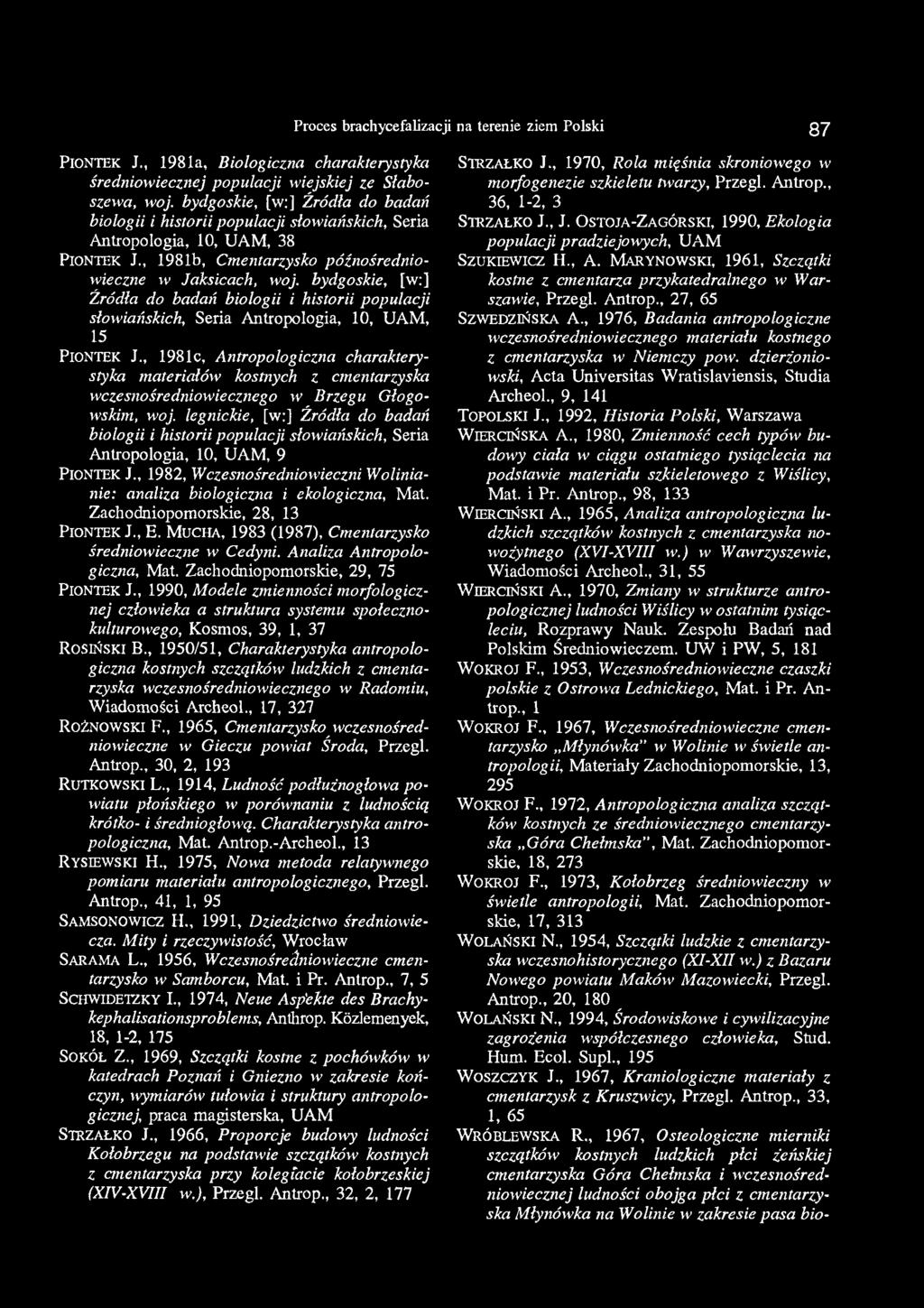 Proces brachycefalizacji na terenie ziem Polski 87 PIONTEK J., 1981a, Biologiczna charakterystyka średniowiecznej populacji wiejskiej ze Słaboszewa, woj.