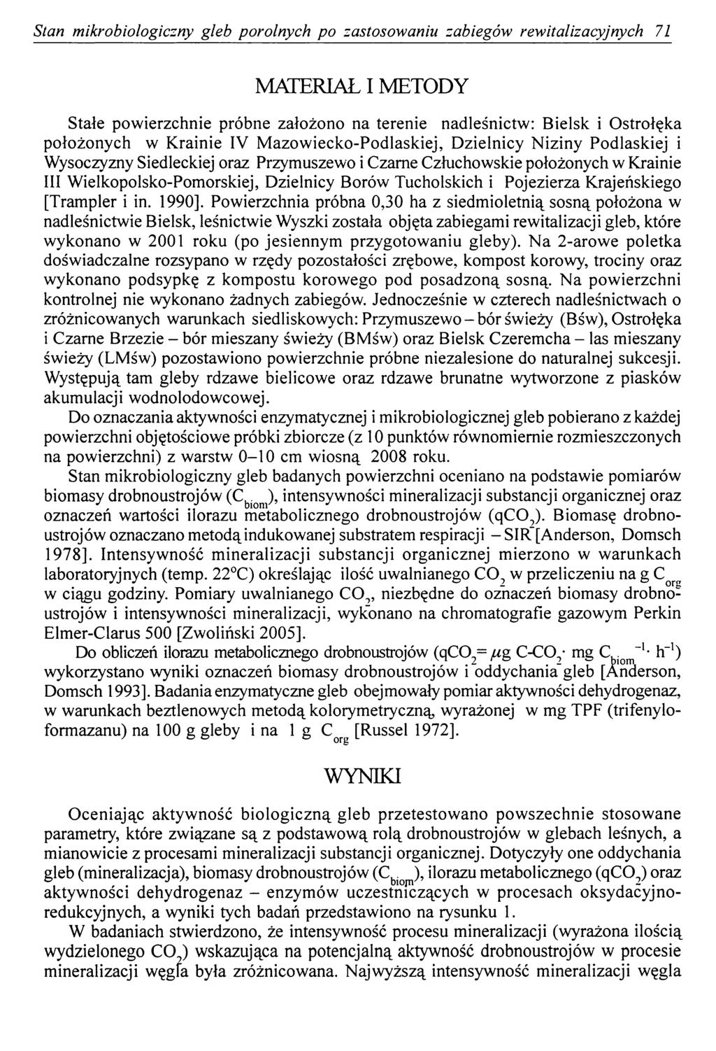 Stan mikrobiologiczny gleb porolnych po zastosowaniu zabiegów rewitalizacyjnych 71 MATERIAŁ I METODY Stałe powierzchnie próbne założono na terenie nadleśnictw: Bielsk i Ostrołęka położonych w Krainie