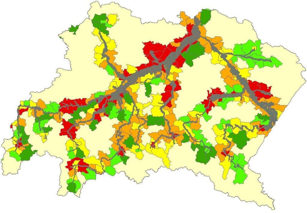 ryzyka powodziowego w RW Górnej Wisły (na podstawie heksagonów) 9% 11% 2% 58% 20% 1 2 3 4 5 Poziom ryzyka powodziowego w ujęciu gmin i heksagonów znajduje uzupełnienie w