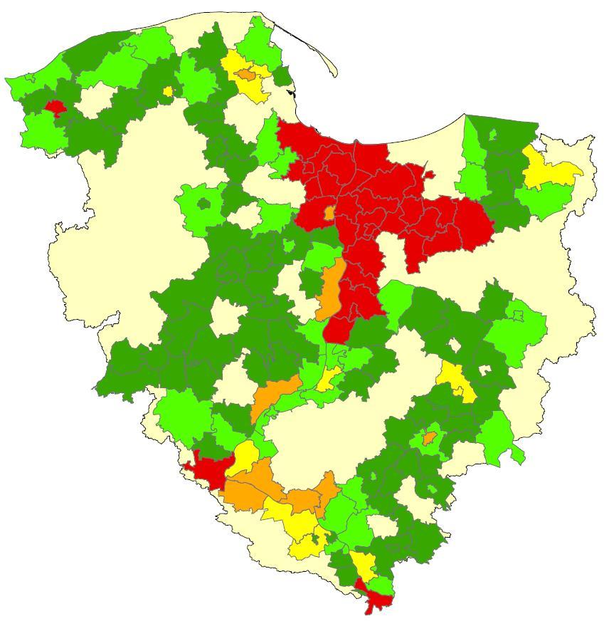 Dolnej Wisły Diagnoza problemów Region Wodny Poziom ryzyka Liczba gmin z ryzykiem powodziowym na danym poziomie Zintegrowane ryzyko powodziowe Zdrowie i życie ludzi Środowisko