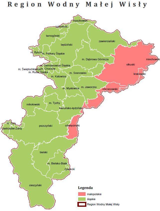 Opis obszaru planowania Region Wodny Małej Wisły Obszar Regionu Wodnego Małej Wisły obejmuje powierzchnię 3 942,5 km 2 i zlewnie bilansowe Małej Wisły i Przemszy.