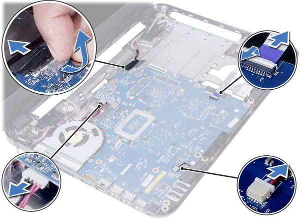 Procedura 1 Zdejmij taśmę mocującą kabel wyświetlacza do płyty systemowej. 2 Odłącz kabel wyświetlacza od złącza na płycie systemowej.