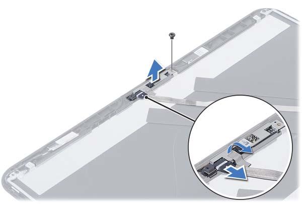 Procedura 1 Wykręć śrubę mocującą moduł kamery do pokrywy wyświetlacza. 2 Odłącz kabel kamery od złącza w module kamery.