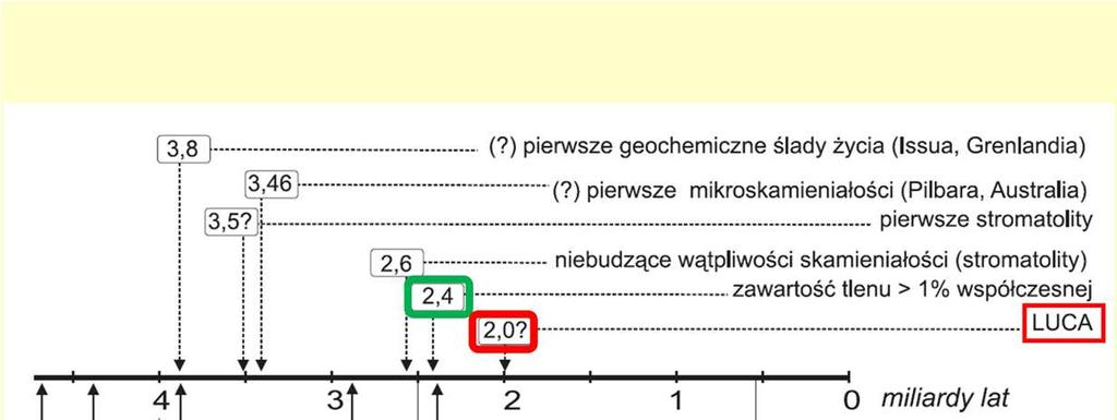 Wiemy mniej więcej, kiedy Ŝył nasz wspólny przodek: około dwa miliardy lat temu. Wnioskujemy o tym na podstawie badań molekularno-genetycznych współczesnych organizmów.