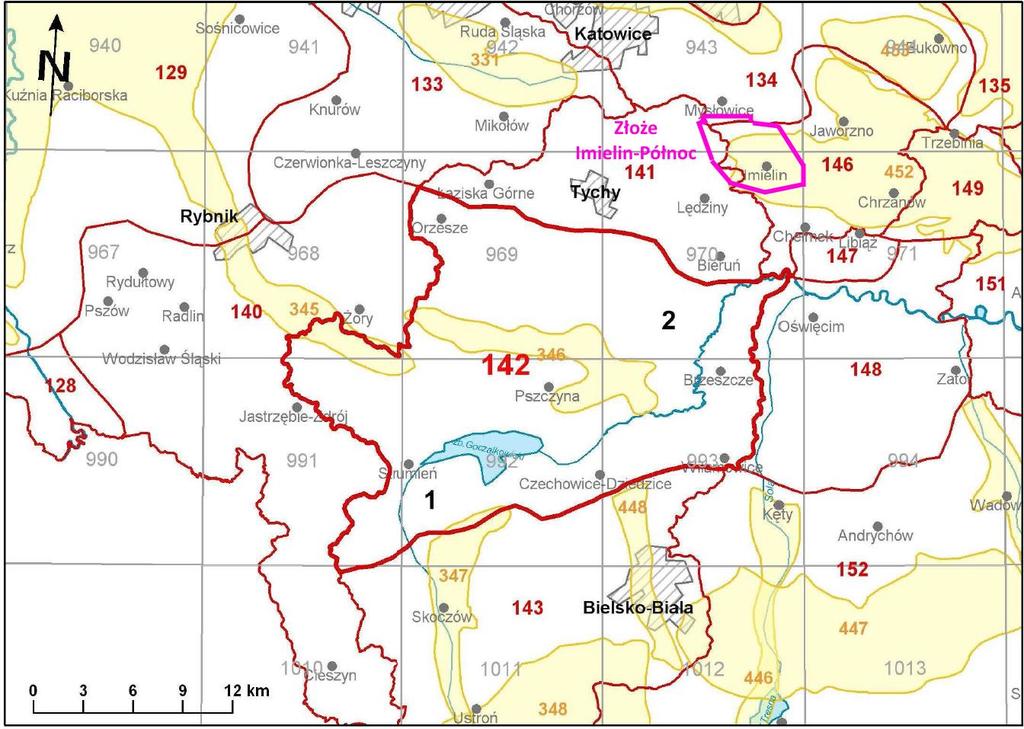 Hydrogeologiczną, w obrębie ww. JCWPd nr 141 i 146, występuje triasowy Główny Zbiornik Wód Podziemnych GZWP 452 Chrzanów (zał. nr 2, 4). Objaśnienia: - GZWP - JCWPd Rys. 5.1. Dokumentowany obszar na tle podziału na jednolite części wód podziemnych - wg publikacji Państwowej Służby Hydrogeologicznej 5.