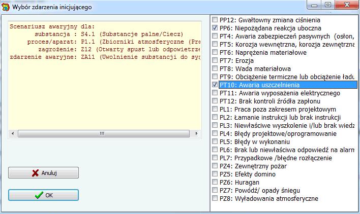 Program ExSysAWZ Wybór zdarzeń inicjujących przy budowie drzewa logicznego