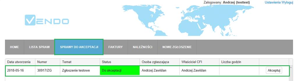 Rysunek 5. Platforma B2B. Sprawy do akceptacji Faktury lista faktur wystawionych dla klienta Należności suma należności które należy uregulować z podziałem na zadłużenie oraz wartości przeterminowane.