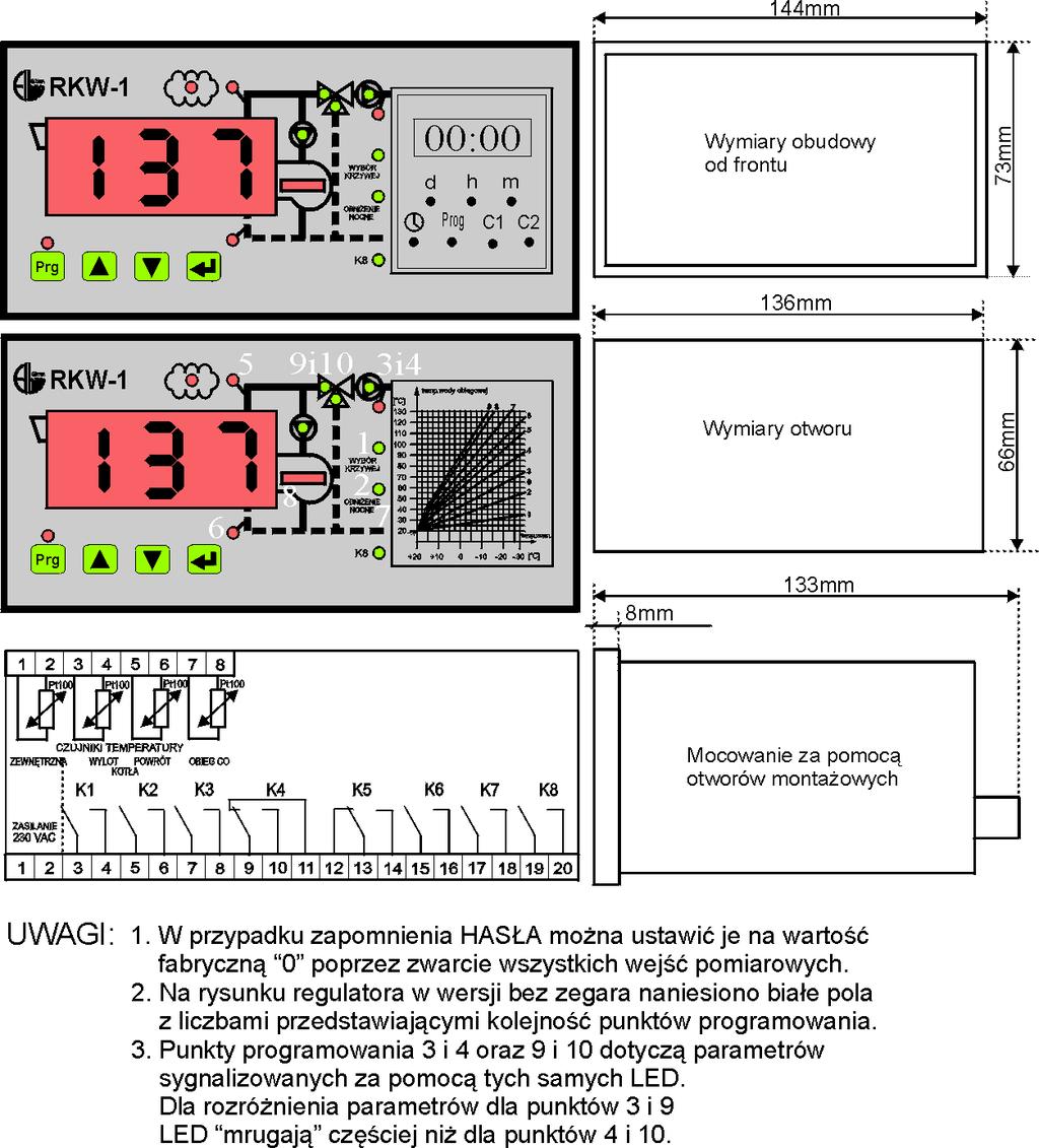 Regulator pogodowy RKW-1 przeznaczony jest do sterowania palnikiem (do 3 stopni) oraz regulacji pogodowej jednego obiegu CO.