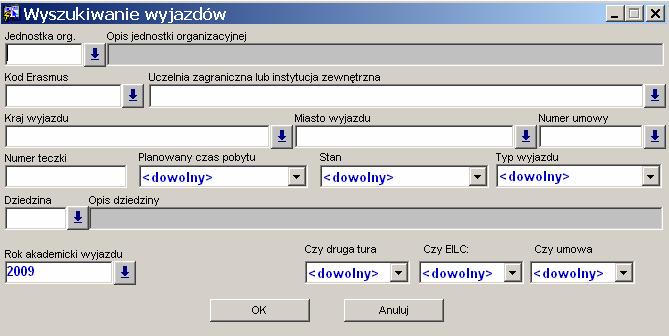 W polu Numer teczki moŝna wpisywać maskę, np. BWZ00%. Odszukane zostaną wszystkie wyjazdy, dla których numer teczki jest zgodny z zadaną maską.