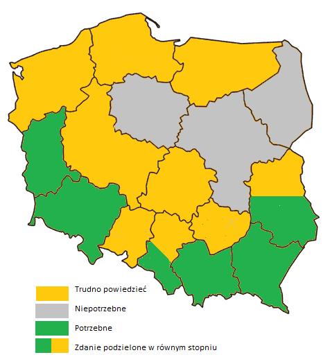 Mapa 2 przedstawiająca dominującą odpowiedź w danym województwie (Opieka w Dziennym Domu Pomocy prowadzonym komercyjnie (w pełni odpłatna).