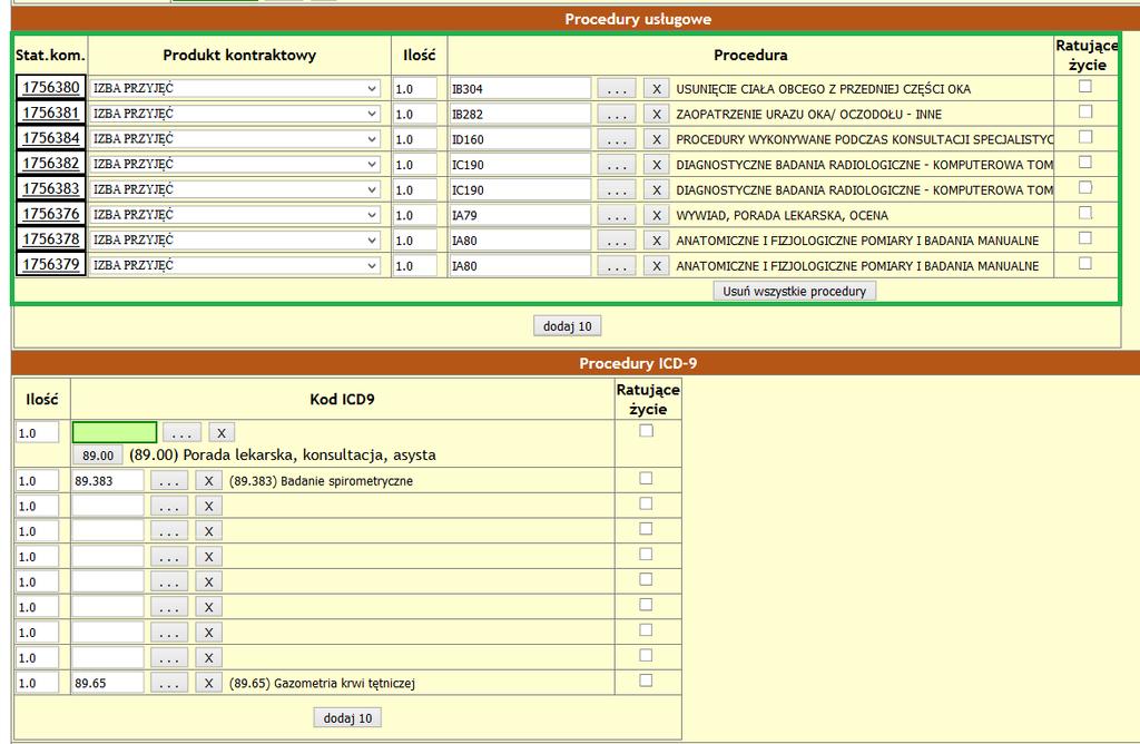 Automatycznie powiązanie procedur ICD-9 z produktami usługowymi na edycji kontaktu Po kliknięciu przycisku 'Zapisz' na ekranie rejestrowania procedur usługowych IP (Rys.