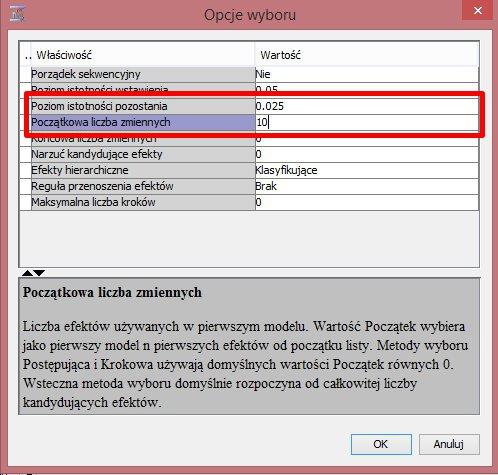 Regresja 3 Rysunek: Opcje wyboru W tym przykładzie ustawiamy wartość poziomu istotności pozostania na 0.