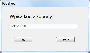 5. Po uruchomieniu aplikacji, w okienku Podaj kod wprowadzamy kod z koperty otrzymanej od Komisji egzaminacyjnej i zatwierdzamy go przez kliknięcie OK.