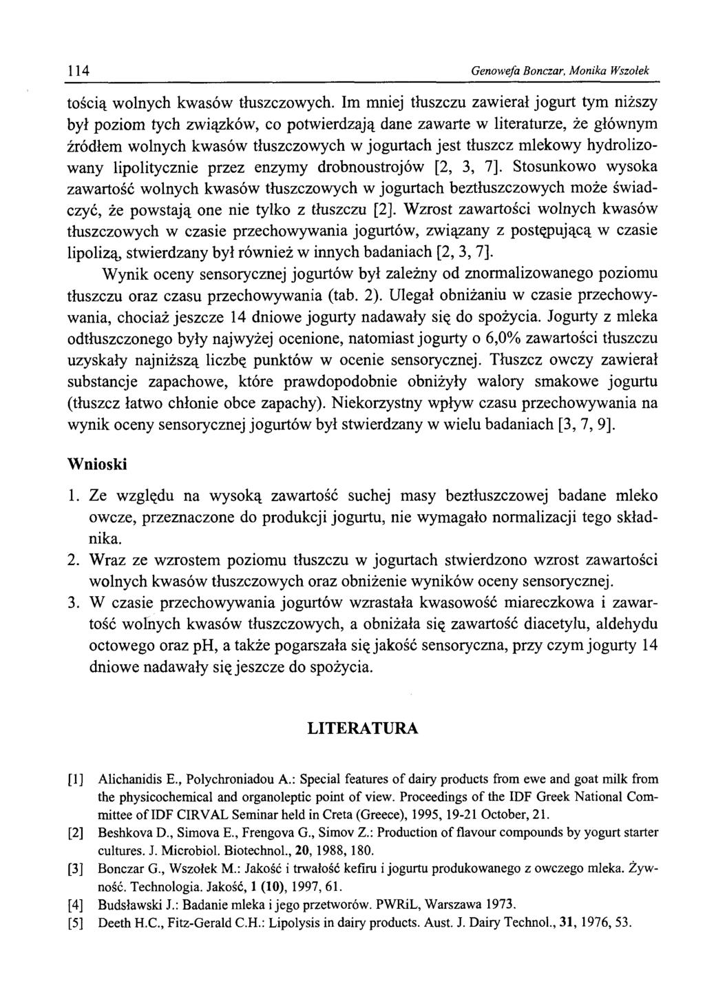 Genowefa Bonczar, Monika Wszołek tością wolnych kwasów tłuszczowych.