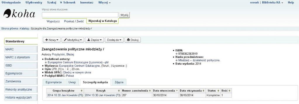 Olga Rosek, Katarzyna Stachnik Rysunek 16. Opis bibliograficzny tytułu z podglądem Szczegółów nabycia 5.