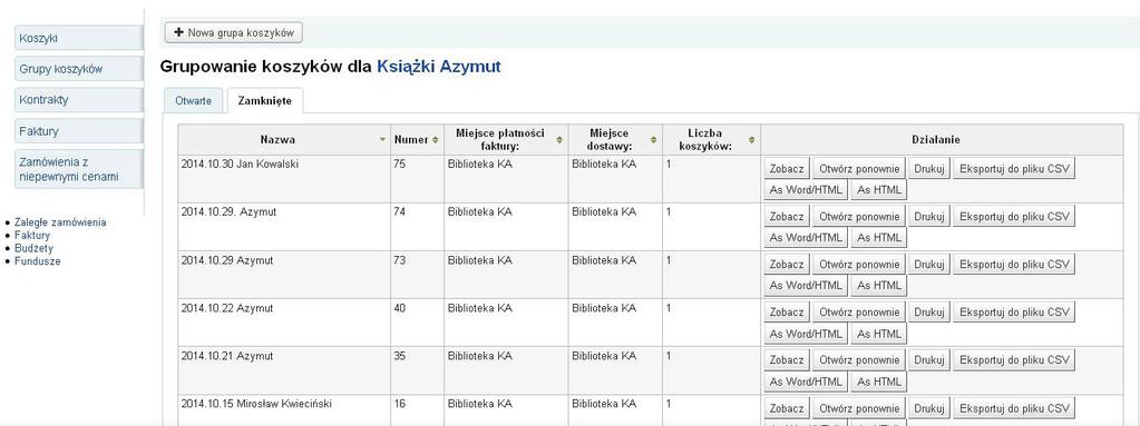 Widok otwartego koszyka z dodanym tytułem Na rysunku 9 przedstawiono zestawienie wszystkich koszyków dla wybranego dostawcy.