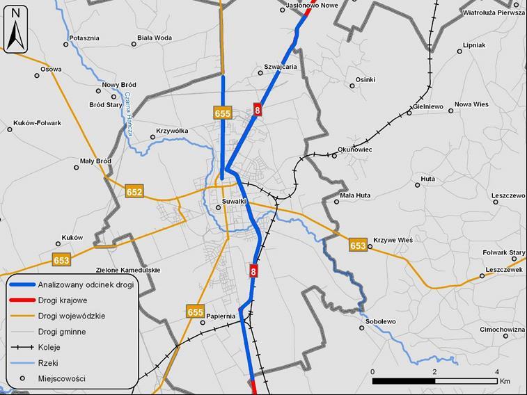 Mapa 4. Lokalizacja analizowanych odcinków dróg na terenie miasta Suwałki (źródło: Mapa akustyczna dla dróg publicznych położonych na terenie m.