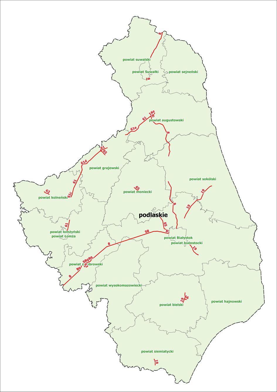 teren pasa drogowego wraz z obszarami o szerokości 2 x 600 m położony po obydwu stronach odcinków dróg krajowych przebiegających przez teren województwa podlaskiego. Mapa 5.