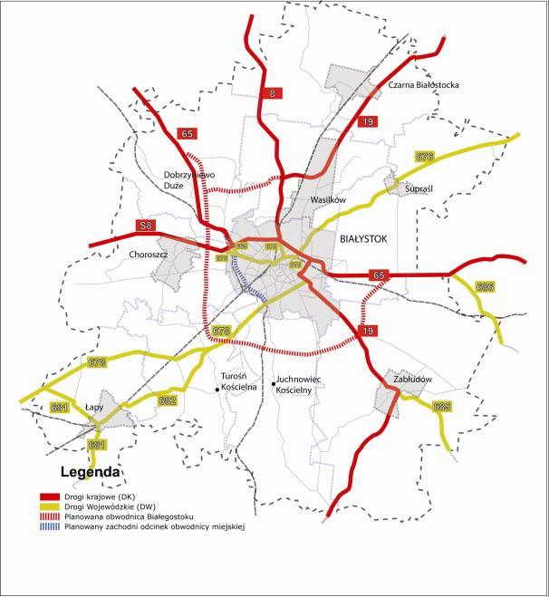 Miasto Białystok jest najważniejszym węzłem komunikacyjnym w północno wschodniej części kraju. Do Białegostoku dochodzi droga ekspresowa S8, łącząca Wrocław, Łódź, Warszawę i Białystok. Mapa 1.