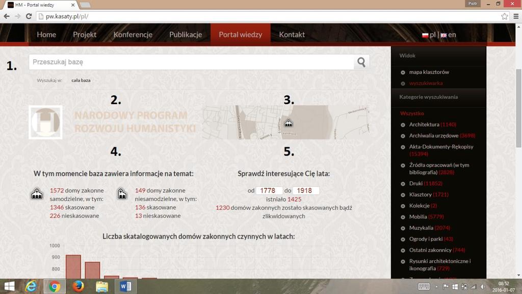 1 Strona główna portalu kasaty Obydwa przyciski przenoszą nas na stronę stanowiącą interface całej bazy danych. Od góry znajdziemy tu: 1.) ogólną wyszukiwarkę, 2.