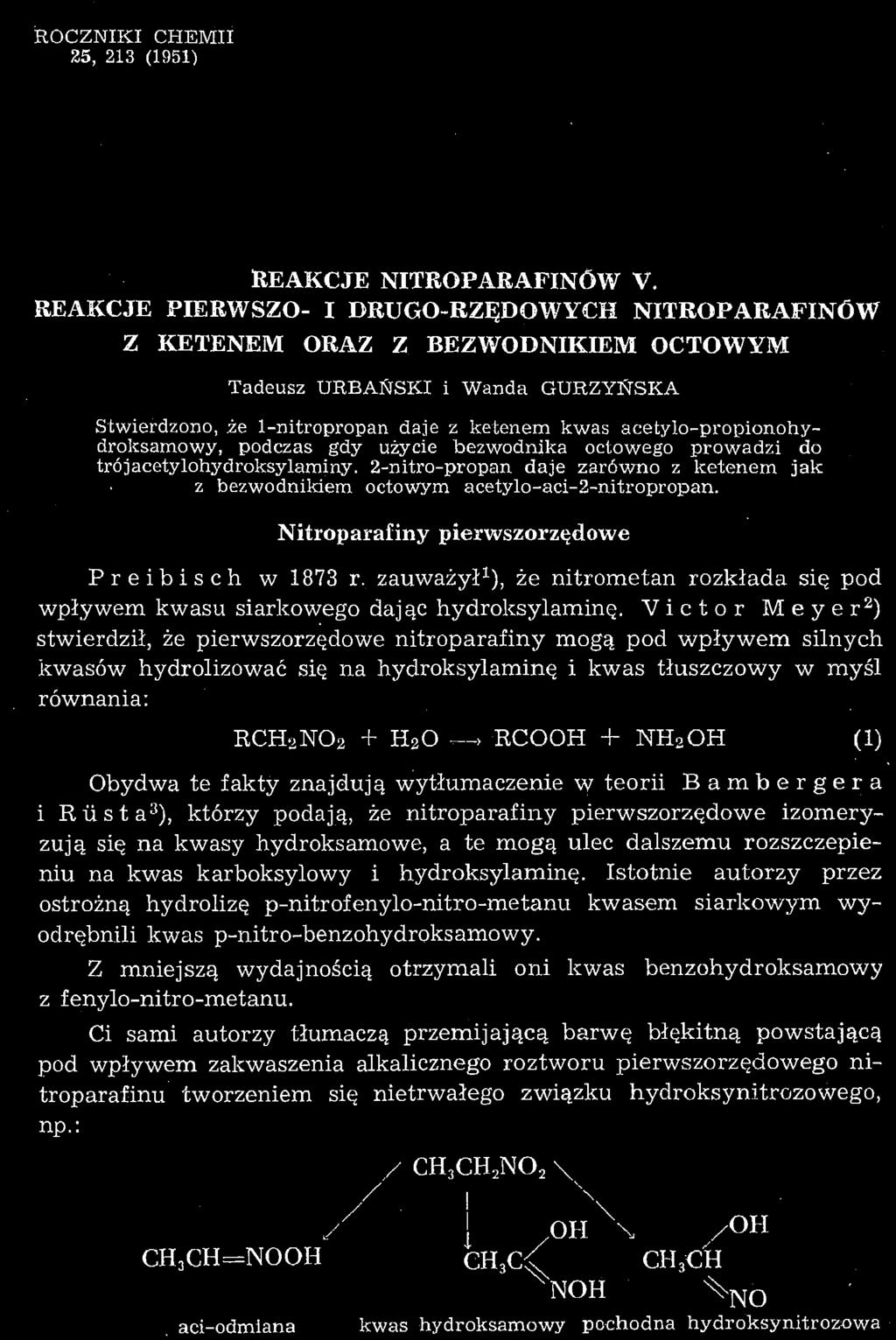 ROCZNIKI CHEMII 25, 213 (1951) REAKCJE NITROPARAFINÓW V.