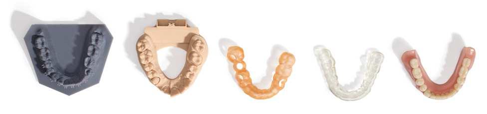 SZEROKI WYBÓR MATERIAŁÓW DENTYSTYCZNYCH Zbiór materiałów stomatologicznych umożliwia wykorzystanie jednej drukarki 3D do szerokiej gamy zastosowań.
