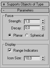 - Range definiuje zasięg działania efektu Push. Sekcja Display Icon pozwala na zdefiniowanie rozmiaru ikony pola sił. Kolejnym polem sił jest Gravity (Grawitacja) (3).