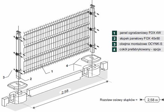 A - Systemowy parkan wysokości ~ 1,50m 1,6m - na słupkach stalowych, montowanych w stopce i systemowym krawężniku betonowym z przęsłami - panelami z drutów pionowych i poziomych przetłaczanych na