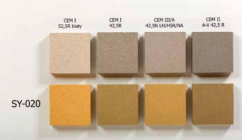 Fot. 6. Wpływ koloru cementu na wybarwienie betonu. Rząd górny: próbki wzorcowe bez pigmentu. Rząd dolny od lewej: pigment żółty SY-020 6,0% m.c. CEM I 52,5R biały, CEM I 42,5R, CEM III/A 42,5N, CEM II A-V 42,5R Fot.