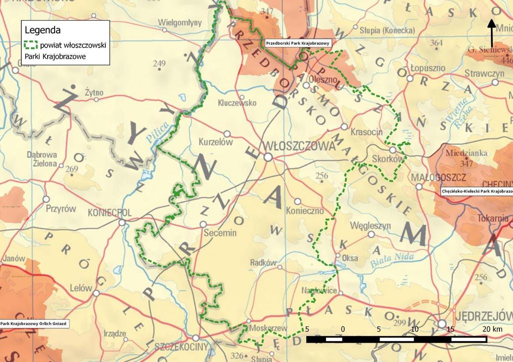 Rysunek 6. Zasięg Przedborskiego Parku Krajobrazowego w granicach powiatu włoszczowskiego [7]. Powierzchnia Parku to 16 553 ha [7].