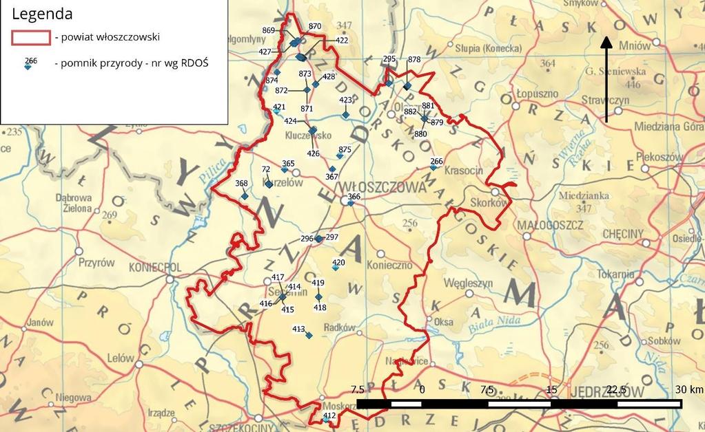 Rysunek 9. Rozmieszczenie pomników przyrody w powiecie włoszczowskim zgodne z oznaczeniem określonym w Tabela 5 [7]. 5.1.