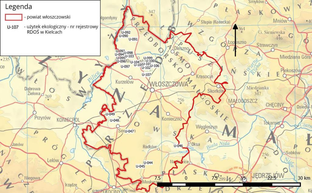 Rysunek 10. Rozmieszczenie użytków ekologicznych w powiecie włoszczowskim zgodne z oznaczeniem określonym w Tabela 7 [7]. Tabela 8.