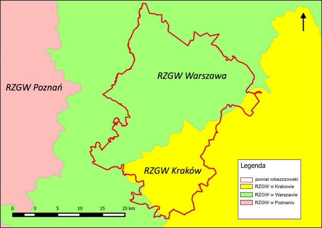 Rysunek 11. Zasięg działania Regionalnych Zarządów Gospodarki Wodnej w granicach powiatu włoszczowskiego [37]. Zgodnie z Ramową Dyrektywą Wodną (RDW), wody w Polsce zostały podzielone na tzw.