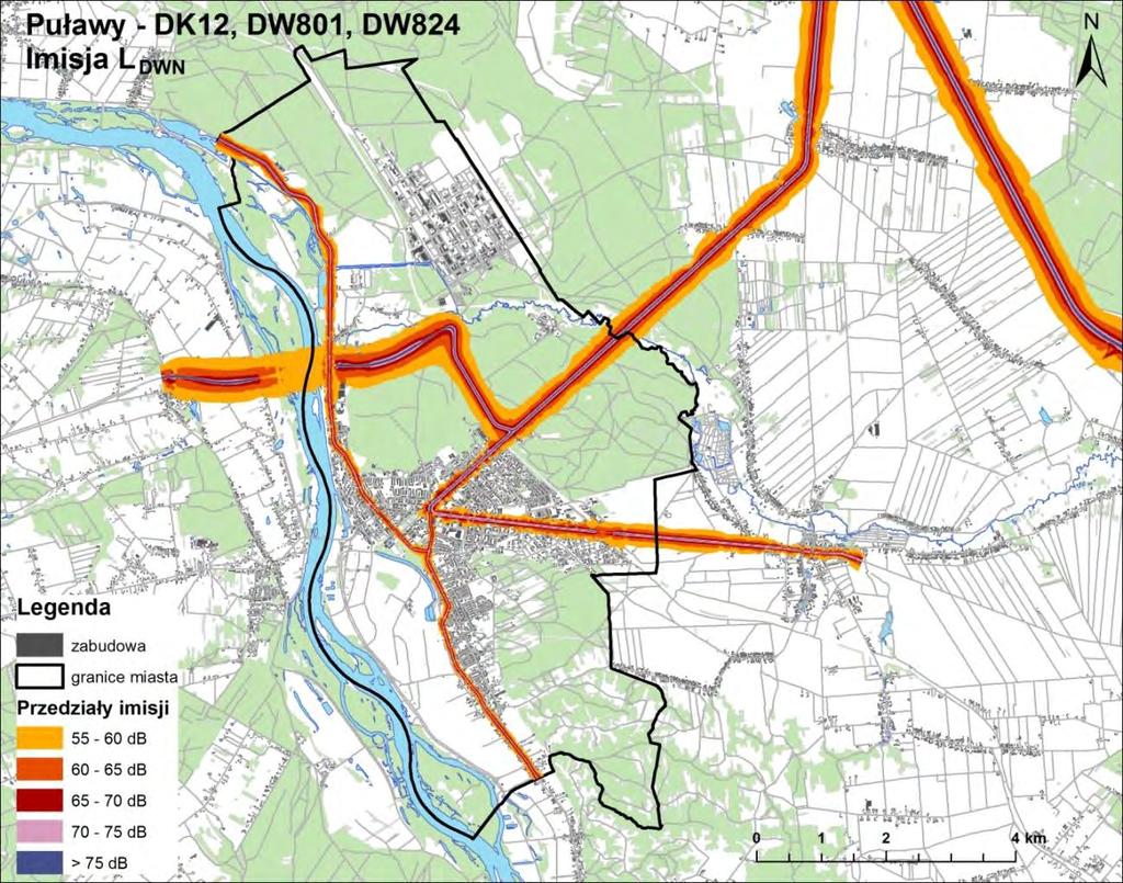 Mapa 25. Mapa imisyjna L DWN odcników DK 12, DW 801, DW 824 przebiegających przez Puławy 5.