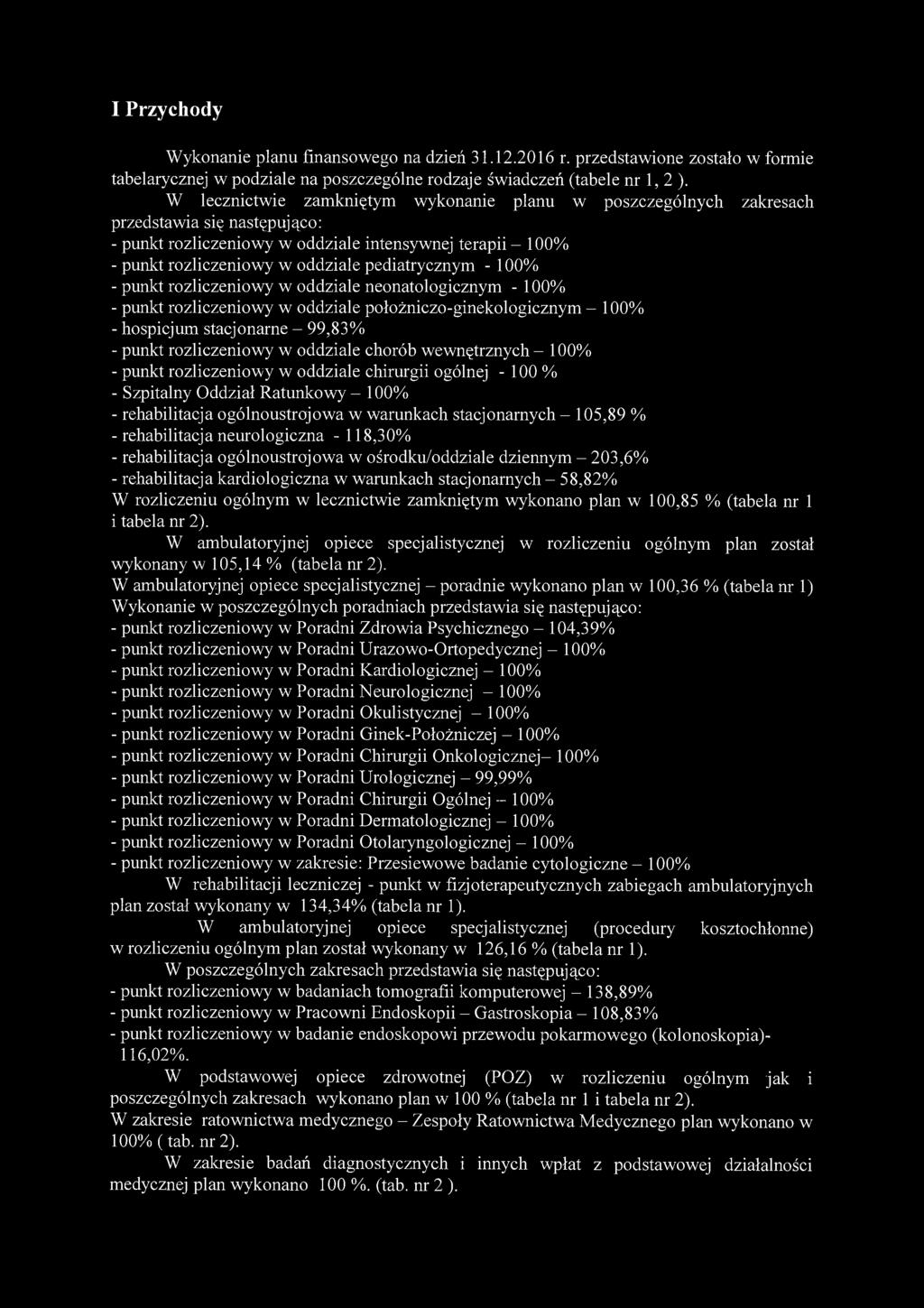 pediatrycznym - 100% - punkt rozliczeniowy w oddziale neonatologicznym - 100% - punkt rozliczeniowy w oddziale położniczo-ginekologicznym - 100% - hospicjum stacjonarne - 99,83% - punkt rozliczeniowy