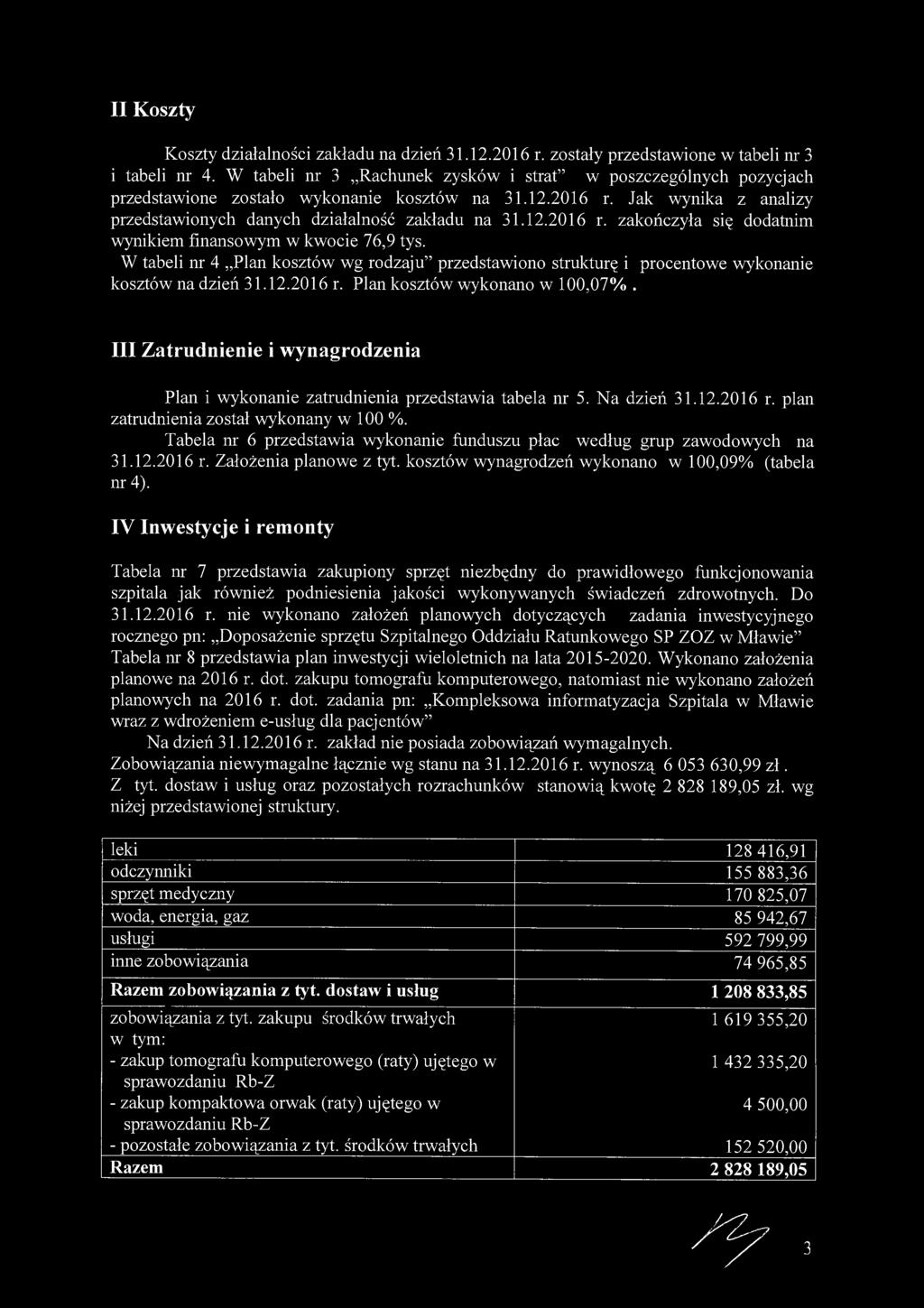 II Koszty Koszty działalności zakładu na dzień zostały przedstawione w tabeli nr 3 i tabeli nr 4.