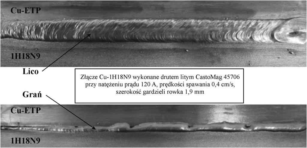 Tablica VII. Wymiary geometryczne i ocena wizualna złączy różnoimiennych wykonanych w procesie lutospawania łukowego metodą CBT Table VII.