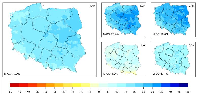 Rysunek 10 Projektowane zmiany opadów w % w dalszej przyszłości (2071-2100) zakładając scenariusz RCP8.