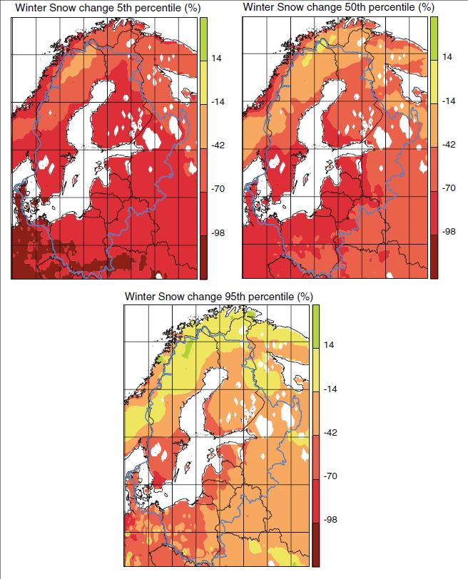 Rysunek 11 Przewidywane zmiany średniej zimowej pokrywy śnieżnej w latach 2070-2099 względem okresu referencyjnego 1971-2000, z wykorzystaniem 12 modeli z projektu ENSEMBLES i