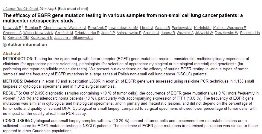 Częstość występowania mutacji w genie EGFR w zależności