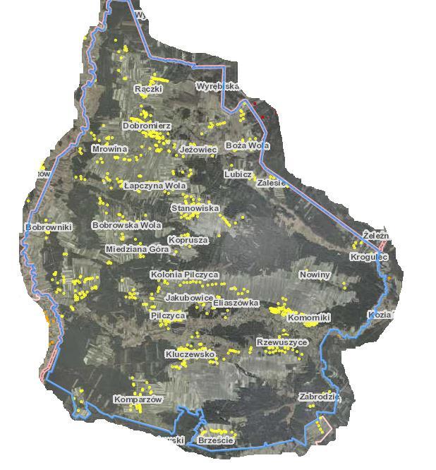 Mapa 5 Obszary gminy na których występuje azbest Źródło: http://esip.bazaazbestowa.gov.pl/geoserwis.